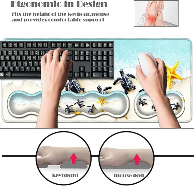 Ergonomic Keyboard Wrist Rest &amp Mouse Pad Wrist Rest SetXL Gaming Desk Mat 31.5x 11.8Non-Slip BaseMemory FoamEasy Typing Pain Relief for Office &amp HomeBaby Sea Turtles and Starfish