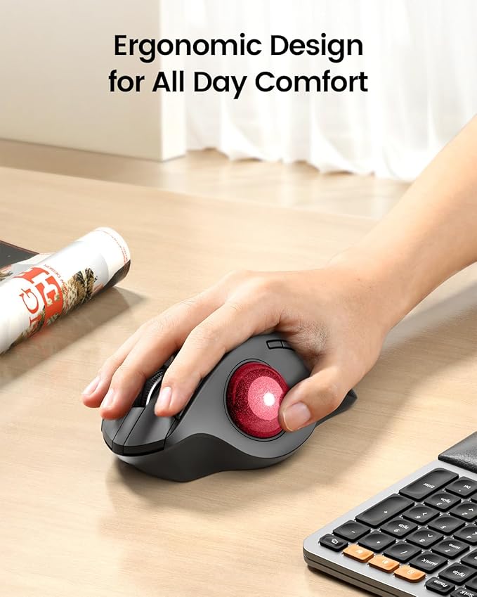 ProtoArc Wireless Trackball Mouse EM01 NL Ergonomic Bluetooth Rollerball Thumb Rechargeable Computer Laptop Mouse Adjustable Angle &amp 3 Device Connection for PC Mac Windows-Red Ball