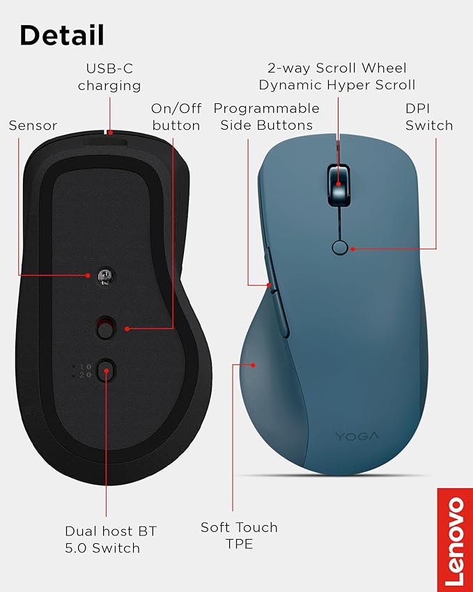 Lenovo Yoga Pro Mouse Bluetooth USB-C Rechargable Dual Mode Bluetooth 6 Button Right Handed Design Ergonomic Design Programmable Buttons 2-Way Metal Scroll Wheel Tidal Teal