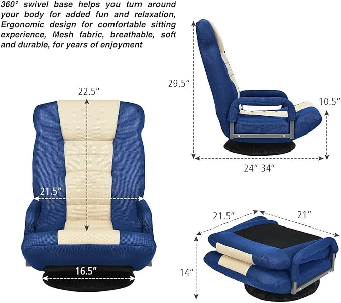 Blue Video Gaming Chair Floor Chaise Lounge Folding Chair 6 Adjustable Backrest Position 360 Degree Swivel Base Iron Frame Suitable For Playing Games Watching TV Reading Books Entertaining Guests