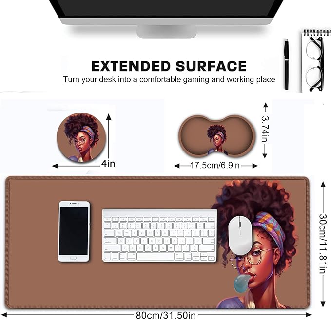 Desk Pad Extended Large Mouse Pad with Stitched Edges (31.5X11.8In) Ergonomic Mouse Wrist Rest Support Waterproof Computer Keyboard Mouse Mat Cute African Black Girls XXL Brown Gaming Mouse Pad