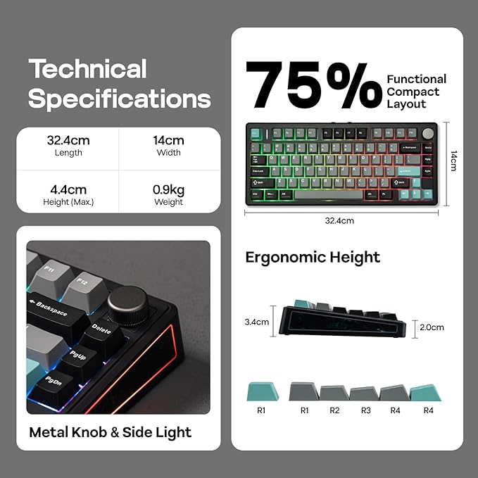 EPOMAKER TH80 V2 75% Wireless Mechanical Keyboard with Metal Knob 8000mAh 2.4Ghz/BT/USB-C RGB Hot Swap Custom Driver PBT Keycap Wireless Gaming Keyboard for PC/Mac (Black Creamy Jade)