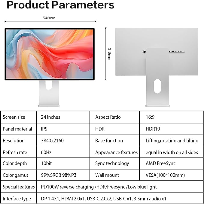 P24U 23.8 inch UHD (3840 x 2160) 4K 185 PPI Monitor IPS Black Panel 99% sRGB 98% DCI-P3 True 10-bit Color HDR10FreeSync1200:1HDMIDPVESA1 yr Warranty (Minimalist - with Stand)