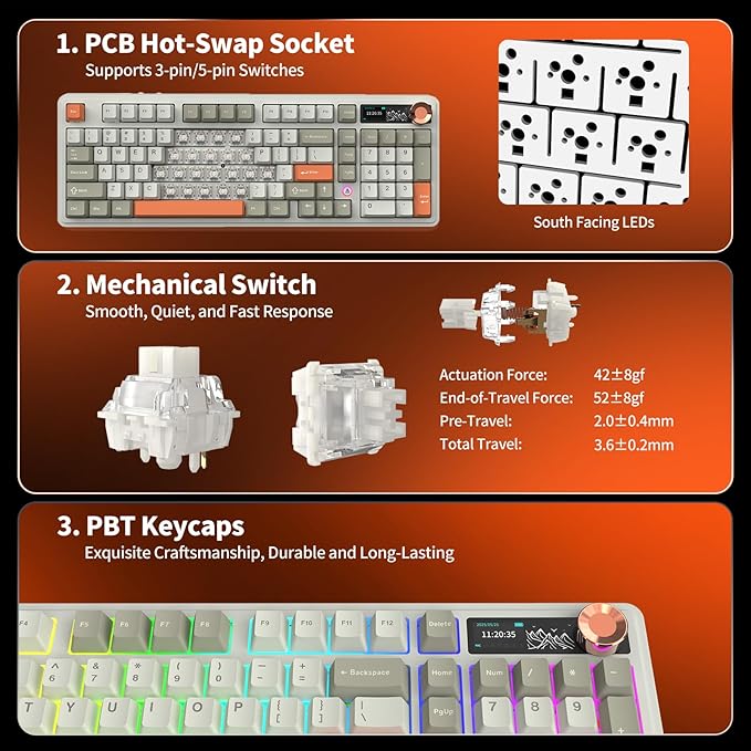 Ajazz AK980 V2 Wireless Mechanical Gaming KeyboardTri-Mode BT5.0/2.4GHz/USB-C 10000mAh Battery Hot Swappable RGB Backlit Computer Gaming Keyboards for PC/Tablet/PS/Xbox