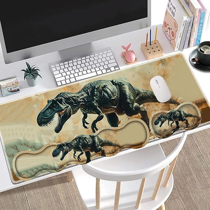 Large Gaming Mouse Pad + Keyboard Wrist Rest + Wrist Support + Coaster Set Memory Foam Ergonomic for Easy Typing XXL Extended Gaming Mouse Pad Table Pad - T-Rex