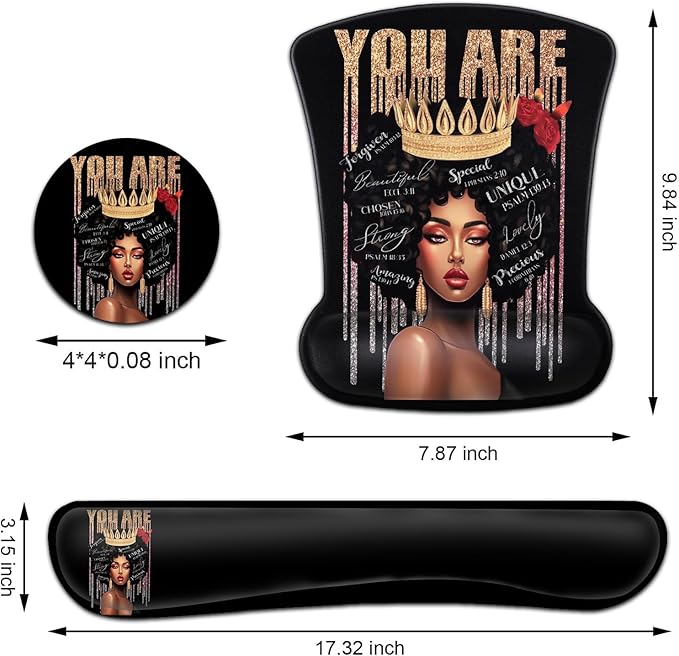 Keyboard Wrist Rest and Mouse Pad Wrist Support Set Ergonomic Gel Mouse Pad Wrist Rest with Non-Slip Base for Home Office Desk Pad Easy Typing African American Black Women Gaming Mouse Pad