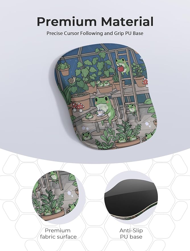 Kawaii Frog Ergonomic Mouse Pad for Carpal Tunnel Pain Relief 65% Usable Mouse Area in Compact Size Memory Foam Concave Wrist Rest for Office PC Gaming