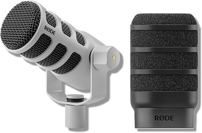 Rode PodMic (White) Cardioid Dynamic Broadcast Microphone with WS14 PodMic Pop Filter - Black