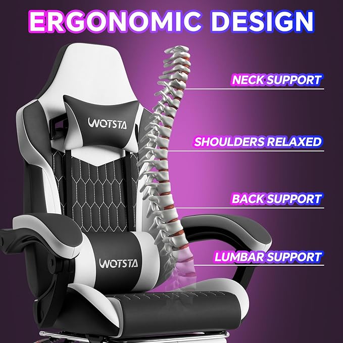Gaming Chair with Footrest High Back Gaming Chairs PVC Leather Ergonomic Gamer Chair with Adjustable Headrest Lumbar Support Racing Style Video Gaming Chair for Office/Home (Black White)