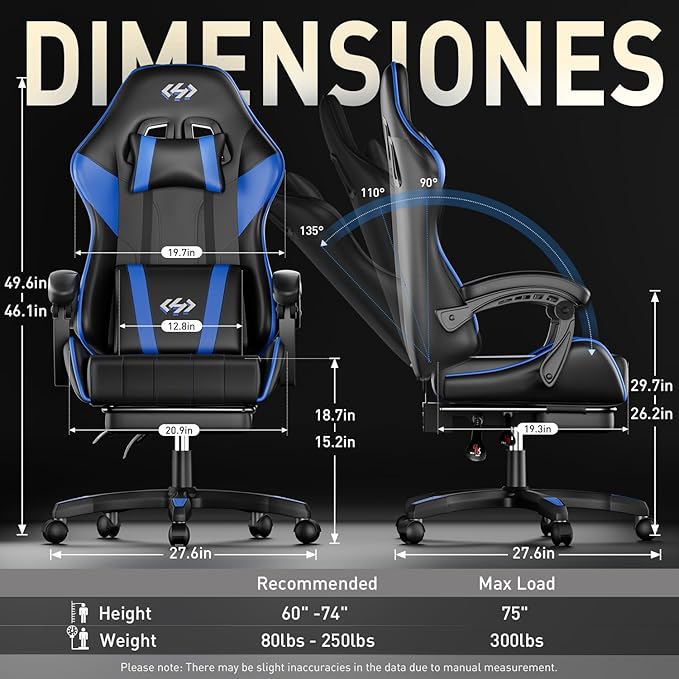HLDIRECT Gaming Chair Ergonomic Computer Office Chair with Lumbar Support Footrest Headrest PU Leather 360° Swivel Adjustable Height Metal Frame 200 lbs Capacity (Black&ampBlue)