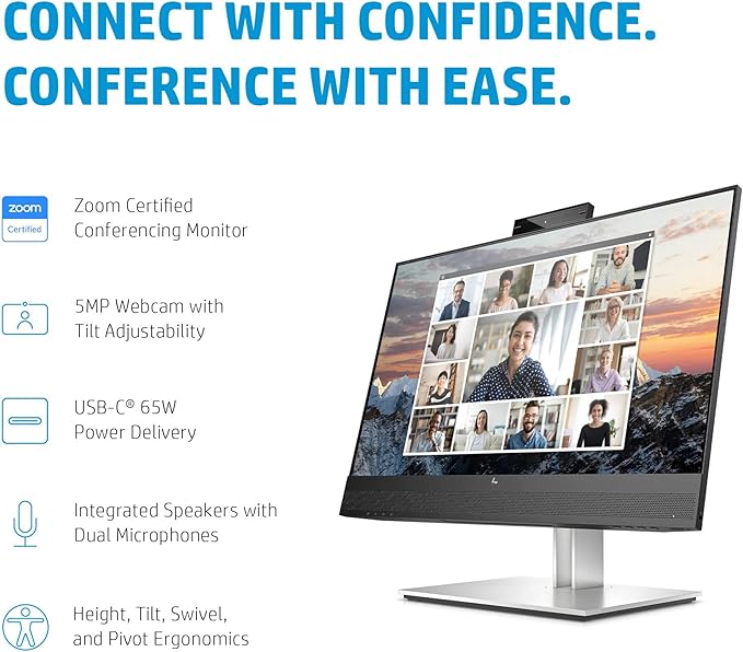 HP E24m G4 Full HD 23.8 Inch USB-C Conferencing Monitor 5ms 75Hz IPS Integrated Speaker Webcam 5MP Auto Focus VESA Mountable Adjustable Height Tilt Swivel Pivot Horizontal Viewing Angle (Renewed)