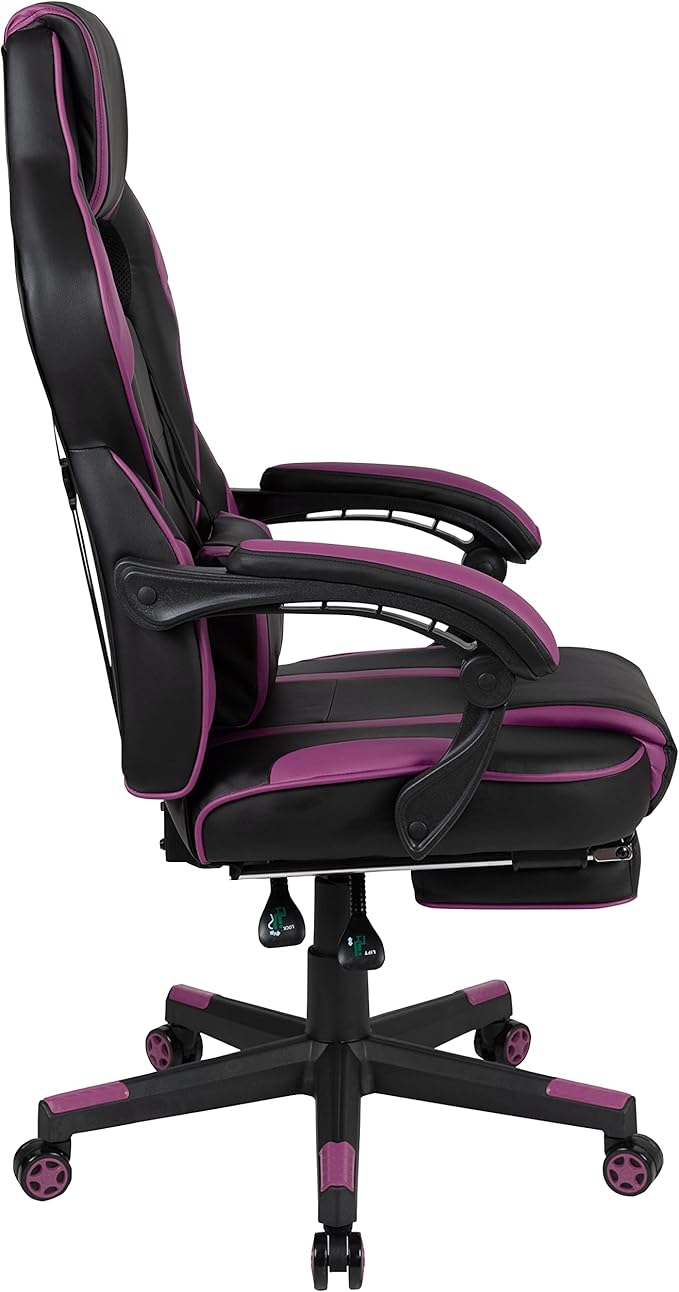 EMMA + OLIVER Black/Purple Ergonomic Gaming Chair -Recline Back/Arms Footrest Massaging Lumbar
