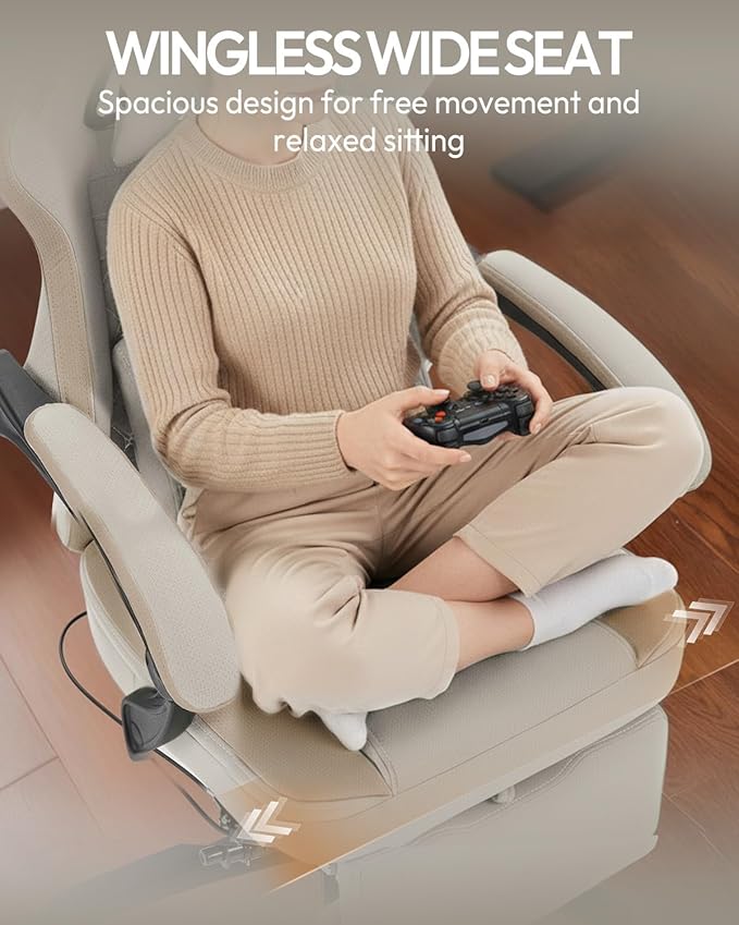 Dowinx Gaming Chair Breathable Fabric Game Chair with Gel Pad and Storage Bag Comfortable Gamer Chair with Pocket Spring Cushion Ergonomic Computer Chair with Footrest Beige and Brown