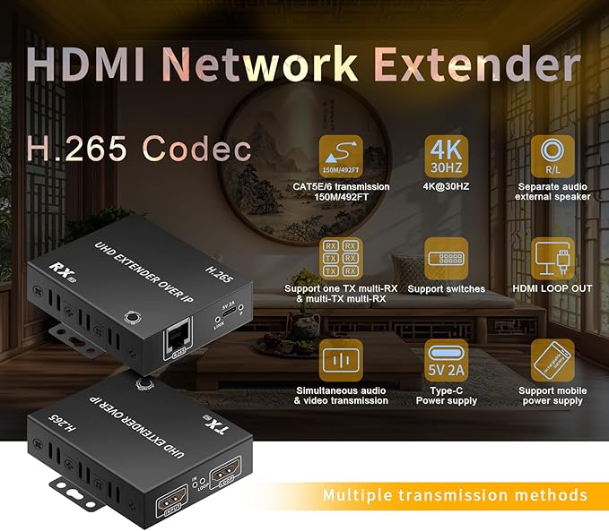 4K HDMI Over Ethernet Extender TCP/IP 492ft 4K@30HZ/2K@60hz/1080P@60HZetc.H.265 encoding/decoding1-to-Many Setup Fixed IP Address with the Option to Change IP. requiring only 10M Bandwidth.