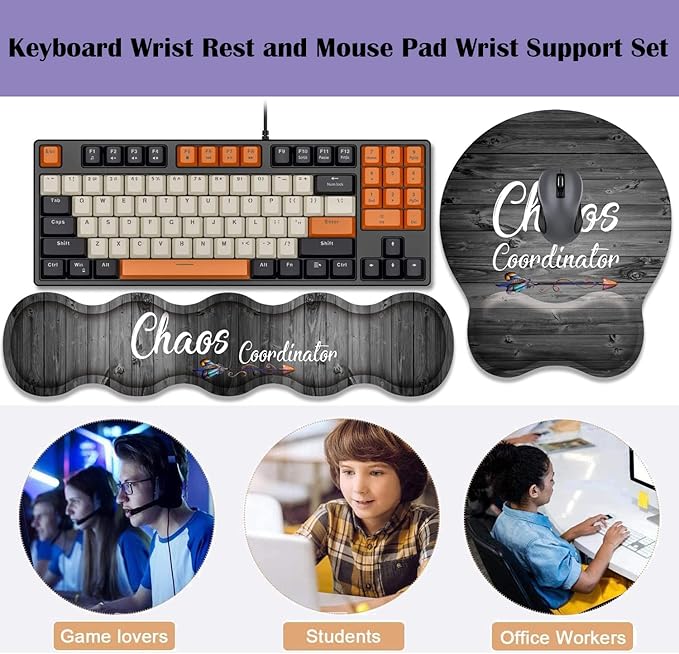 Keyboard and Mouse Wrist Rest Pad Set With Memory Foam - Ergonomic Non-Slip Base for Easy Typing and Pain Relief - Quote Chaos Coordinator (With Coaster)