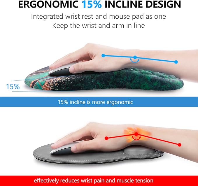 Mouse Pad Wrist Support Laokiiy 2 in1 Keyboard Wrist Rest+ Ergonomic Mouse Pad Non-Slip Wrist Rest for Computer Keyboard Made Easy Typing &amp Relieve Wrist Pain（Green Gold Black Marble）