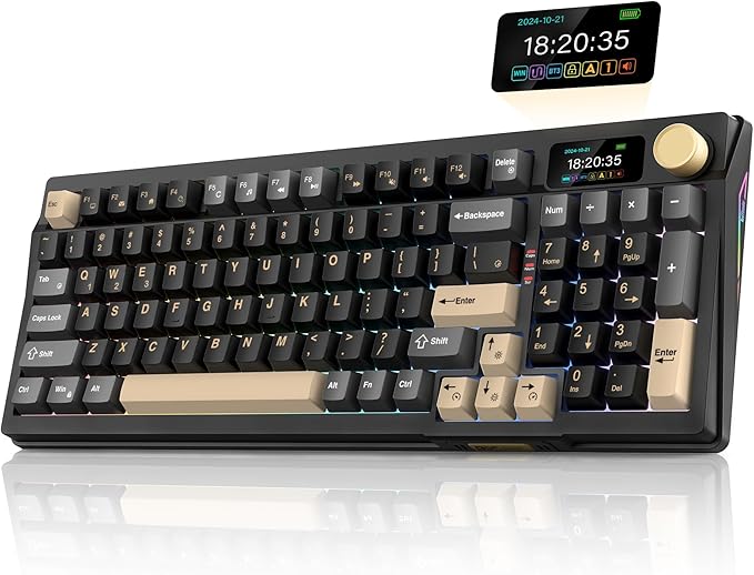 RedThunder K95 Wireless Mechanical Keyboard TFT Screen &amp Knob Tri-Mode BT5.0/2.4GHz/USB-C Hot Swappable Custom Pre-lubed Linear Pink Switches Gasket Structure RGB Gaming Keyboard Black-Gold