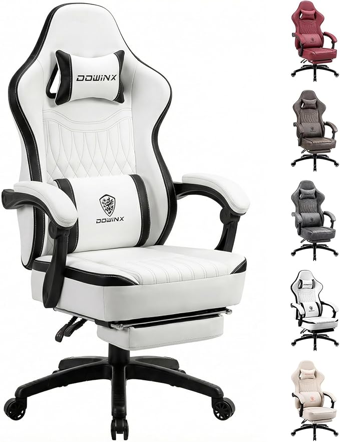Dowinx Gaming Chair Breathable PU Leather Gamer Chair with Footrest Massage Lumbar Support Big and Tall Ergonomic Reclining Computer Chair with Pocket Spring Cushion for Adults Teens (Black&ampWhite
