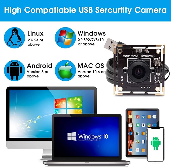 SVPRO Fisheye Lens 180 Degree USB Camera Module HD 1080P Sony IMX323 USB Camera Board with Microphone 0.01Lux Low Light Web Security Cam H.264 Video Output