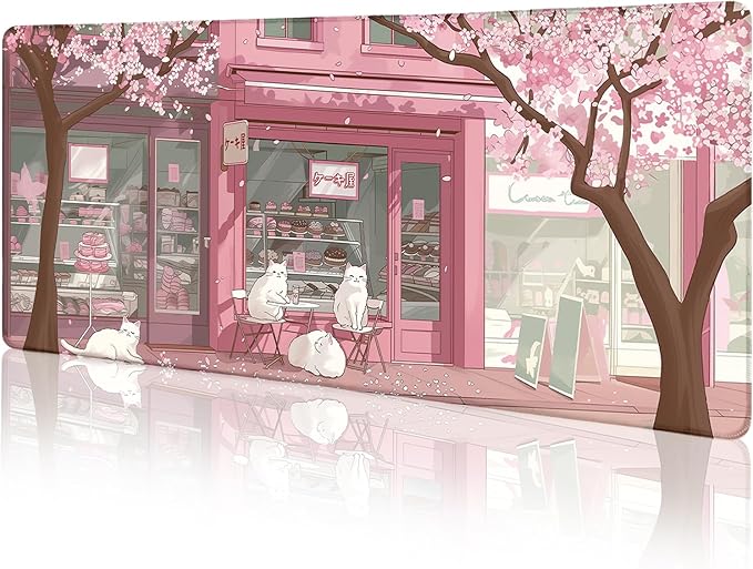 Cat Ergonomic Mouse Pad with Wrist Rest Pink Cherry Blossom Computer Mouse Pad Wrist Support with Non-Slip Pain Relief PU Base Cute Office Desk Decor Accessories Japanese Dessert House