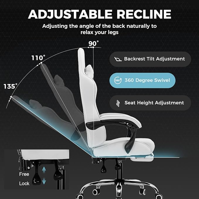 GTPLAYER Gaming Chair with Footrest Computer Chair with and Lumbar Support Height Adjustable Game Chair with 360°-Swivel Seat and Headrest and for Office or Gaming (All Light Gray-Fabric)