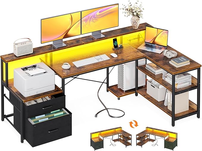ODK L Shaped Desk with File Drawer 66 Reversible L Shaped Computer Desk with Power Outlet &amp LED Strip Office Desk with Storage Shelves Gaming Desk with Monitor Shelf Corner Desk Vintage