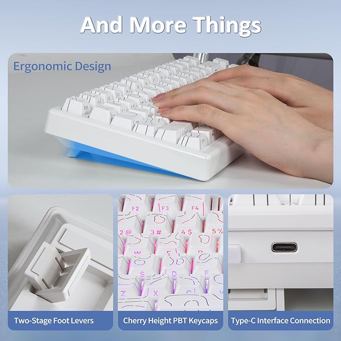 HUO JI 75% Wireless Mechanical Gaming Keyboard Bluetooth/2.4G/USB Wired Creamy Sound RGB Backlit Hot Swappable Pre-lubed Linear Switches Volume Knob Custom Gasket Structure for Win/Mac White