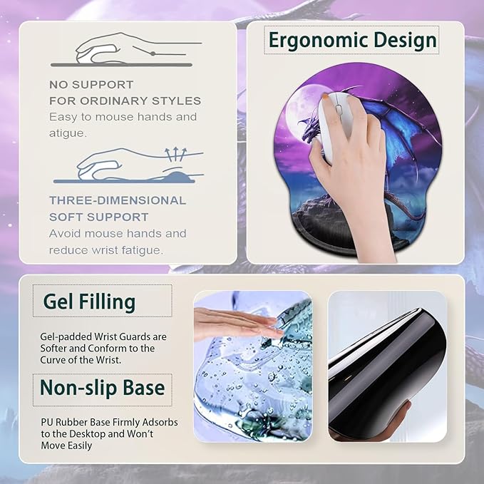 Large Mouse Pad Ergonomic Mouse Pad with Wrist Rest and Keyboard Wrist Rest 4 in 1 Set 31.5 x11.8 inch Extended Desk Pad for Home Office Purple Flying Dragon Pattern XXL Gaming Mouse Mat