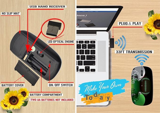 maizi Small Wireless Mouse for Personal Computer Laptop MacBook Small Wireless Mice Image ID: 35057432 American Football fie 2.4G Lightweight with USB Receiver Printed in USA Product