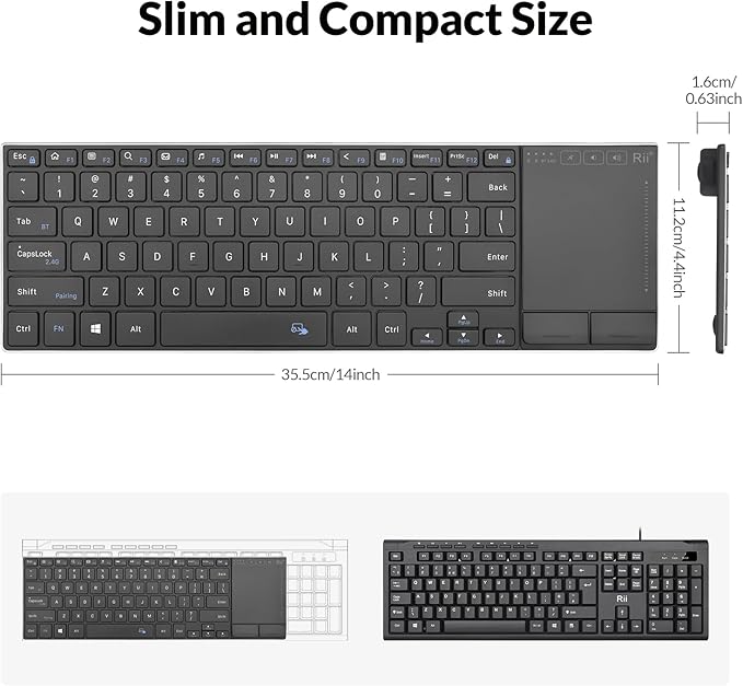 Rii 2.4G Wireless KeyboardBluetooth Keyboard(BT 5.1+2.4G)Aluminium Alloy Portable with Touchpad for ComputerPCTabletiPadAndroid TV BoxSmart TVWindowsMac (Black)