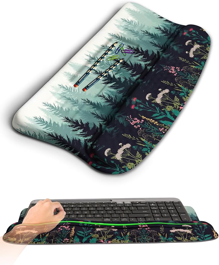 Ergonomic Wave Wrist Rest with Keyboard Stand Cushioned Palm Rest Comfortable Integrated Memory Foam for Natural Typing and Relieve Wrist Pain Flower Sea Forest
