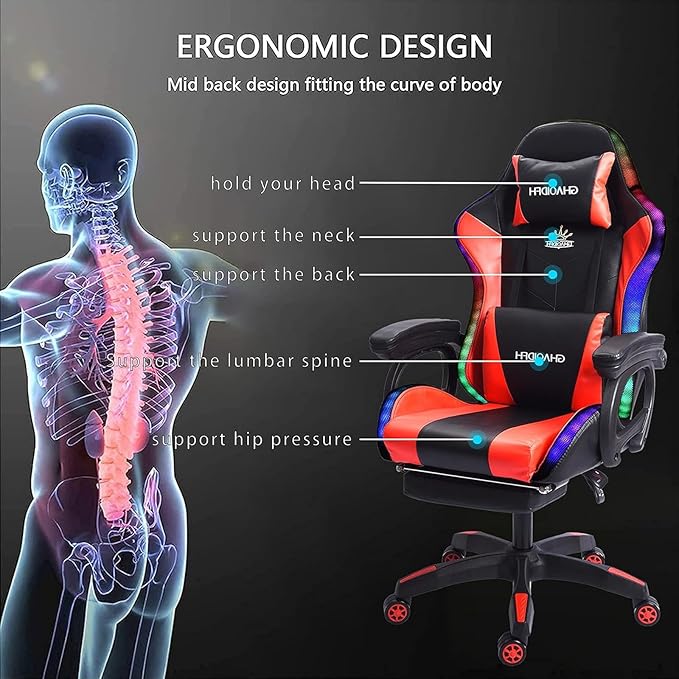 Video Gaming Chair with FootrestGame Chair with Bluetooth SpeakersComputer Chair with LED LightsErgonomic Massage Gaming Chair with Massage Function360°Swivel 90°-135° Adjustment Backrest (red)
