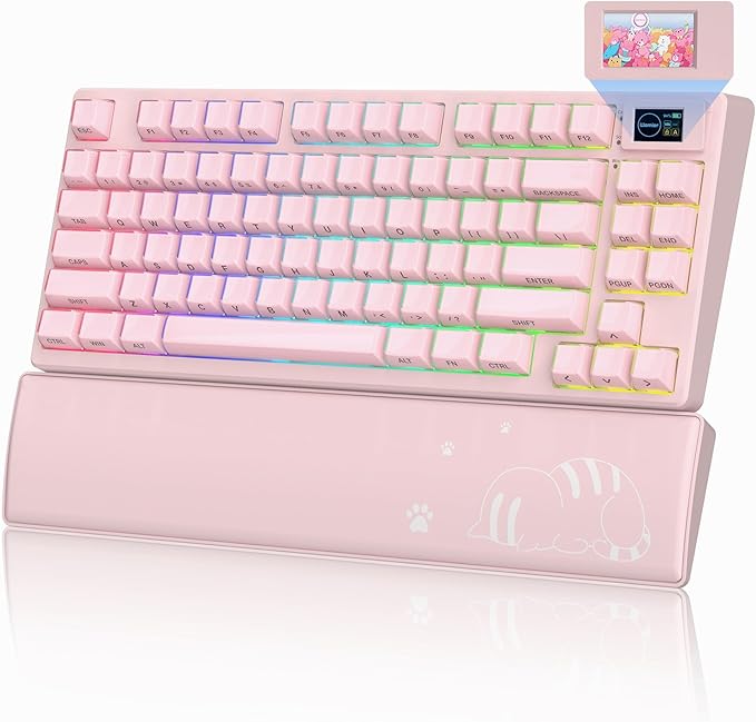 Womier 75% Pink Keyboard Wireless with Color Multimedia Screen Creamy Mechanical Gaming Keyboard 3-Modes Hot Swappable Cute Key Board w/Wrist Rest Gasket RGB Custom for Mac/Win (SK80 PRO)