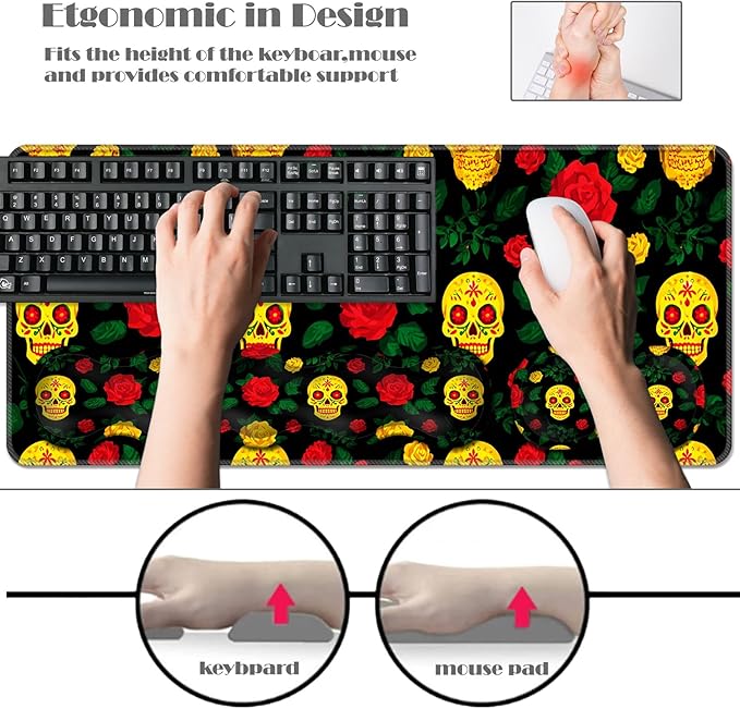 Ergonomic Keyboard Wrist Rest &amp Mouse Pad Wrist Rest SetXL Gaming Desk Mat 31.5x 11.8Non-Slip BaseMemory FoamEasy Typing Pain Relief for Office &amp HomeSugar Skull and Roses
