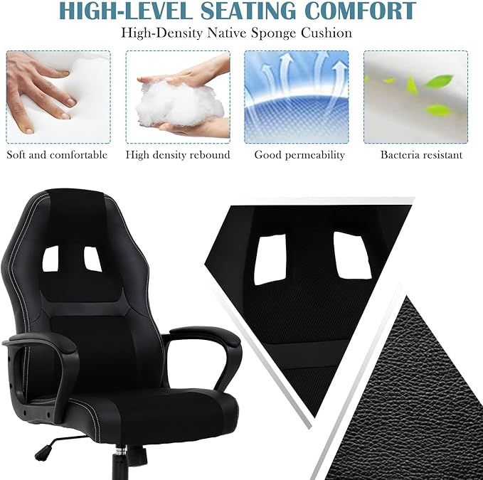 Executive PC Gaming Chair with Lumbar Support &amp Headrest - Ergonomic Leather Racer Task Chair for Home Office Gaming Room - Heavy Duty &amp Comfortable (Black)