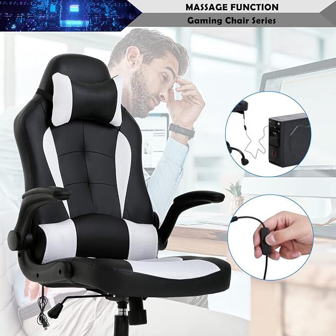 Massage Gaming Chair for Adults PC Silla Gamer Cheap Game Ergonomic Desk with Headrest Lumbar Support High Back Video Chairs Kids Ages 8-12 White 1