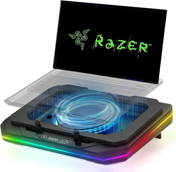 Cooling Pad for Razer Blade 15”Mid Gaming Laptop Cooler with Powerful Turbo Cooling Fan Can Fast Cooling CPU+GPU 40°C Variable Speed6 RGB Light ModeTouch Control LCD Screen 3 USB-A Port