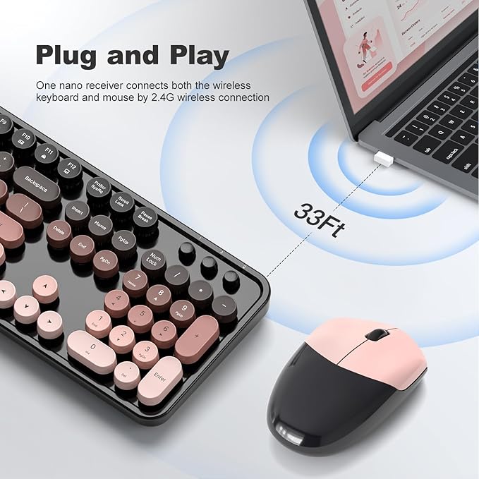 Wireless Keyboard and Mouse Combo MOWUX Full Size Typewriter Retro Round Computer Keyboard Cute Optical Mouse Wireless Plug and Play for Laptop PC Computer- BlackBerry Gradient