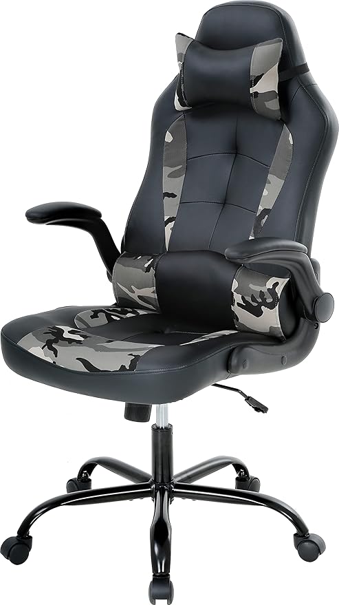 Gaming Chair PC Desk Chair Computer Chair Racing Office Chairs Adjustable Office Chair PU Leather Ergonomic Chair with Headrest Lumbar Support Flip Up Armrest for Adults Women Home Office (Camo)