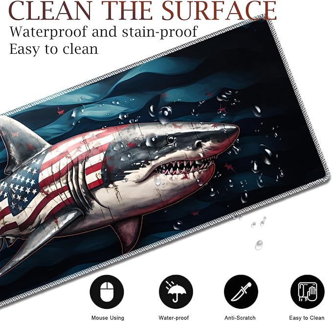 Large Gaming Table Pad 31.5 x 11.8 + Keyboard Wrist Pad + Mouse Wrist Pad + Coaster Non-Slip Base 4-in-1 Set Ergonomic Memory Foam Easy Typing Pain Relief American Flag Shark