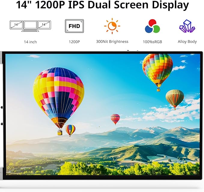 AYY Laptop Screen Extender 14 FHD 1200P Portable Triple Monitor for 13-17 Laptops Aluminum Alloy Stand Compatible with MacOS/Windows/Chrome