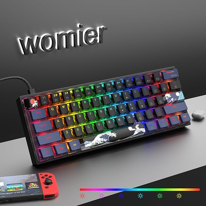 Womier 60% Percent Keyboard Gaming WK61 V2 Creamy Mechanical Wired Keyboard Anime Hot-Swappable RGB Key Board with PBT Keycaps for Windows PC Gamers - POM Linear Red Switch(Black Kanagawa)