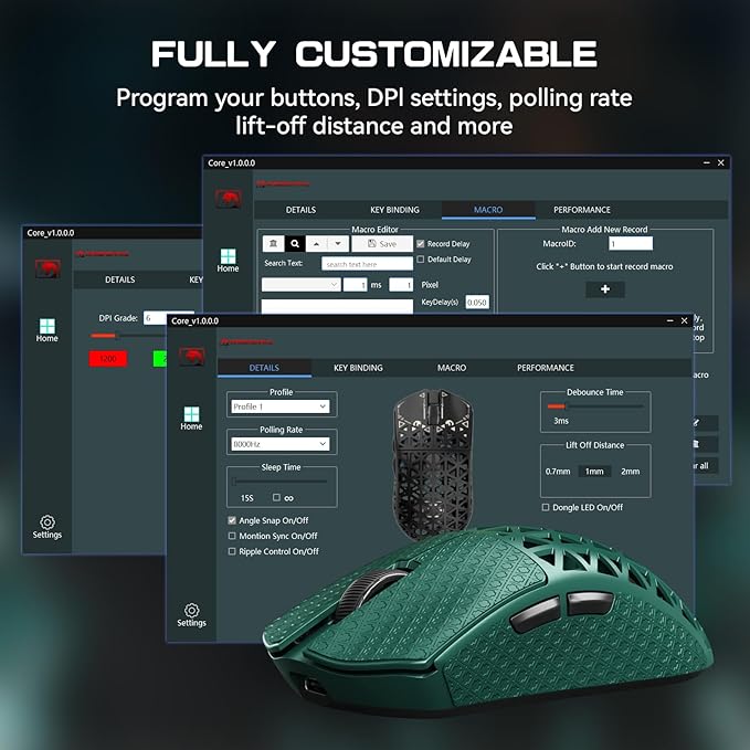 MAMBASNAKE M5 Ultra Carbon Fiber 8000Hz Wireless Gaming Mouse 39g Superlight 42000DPI PAW3950MAX Sensor Nordic 52840 MCU Chip Bluetooth/2.4G/USB-C Wired Mice with Coiled Cable for PC/Mac (Green)