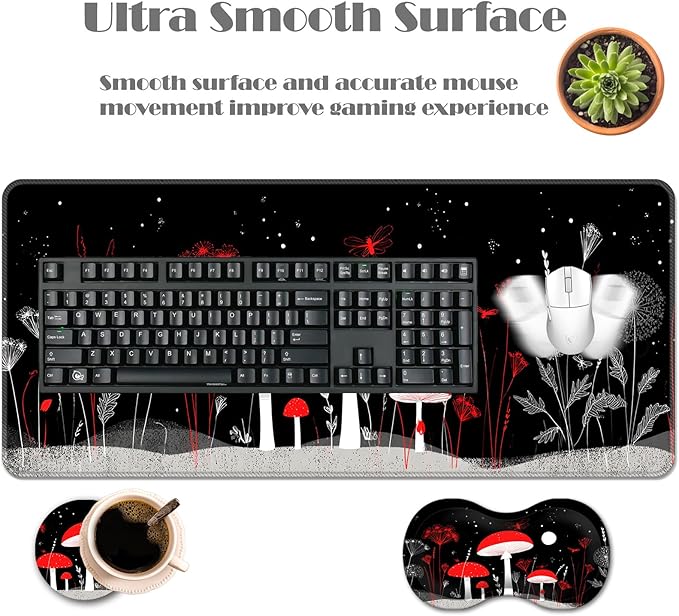 Ergonomic Keyboard Wrist Rest &amp Mouse Pad Wrist Rest SetXL Gaming Desk Mat 31.5x 11.8Non-Slip BaseMemory FoamEasy Typing Pain Relief for Office &amp HomeMagic Mushroom Garden