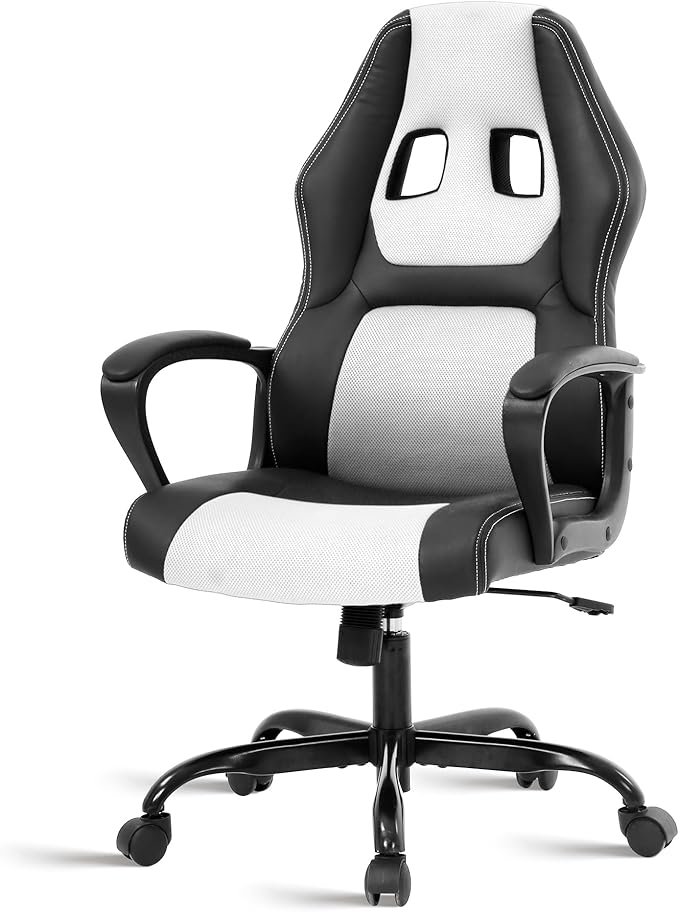 MKDLUFEI Video Game ChairErgonomic Office Chair Desk Chair and Lumbar Support PU Leather Recliner with HeadrestHeight Adjustable Computer Chair for Adults (White)