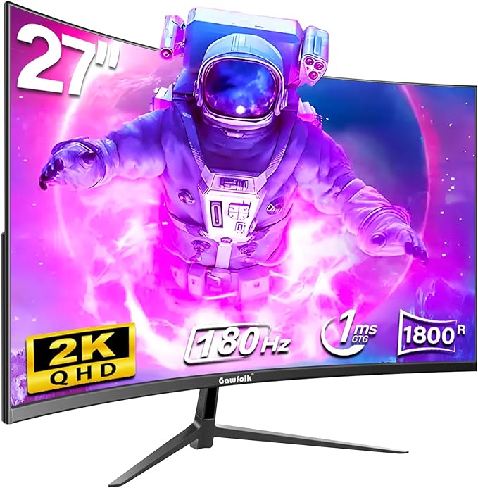Gawfolk 32 Inch Curved Gaming Monitor 180Hz QHD (2560x1440) 2K Computer Monitor with FreeSync DisplayPort HDMI Wall Mountable Eye Care for Home Office &amp Gaming