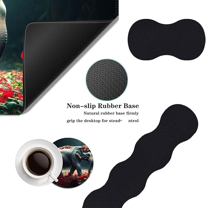 Mouse PadLarge Desk Mat Set 4in1 XL Mousepad + Keyboard Wrist Rest+Mouse Wrist Rest+Coaster with Ergonomic Desk Pad for Home Office Table Computer Cover -Mother and Baby Elephants