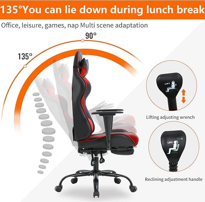 Gaming Chair High Back PU Leather Gaming Chairs Computer Chair with Headrest &amp Lumbar Support Height Adjustable Wide Seat Gamer Chair Gaming Chairs for Adults Game Chair with Footrest &amp Arm