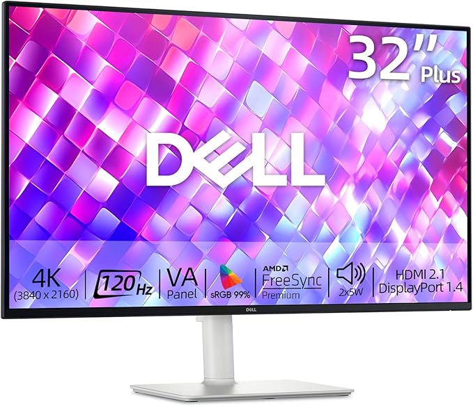 Dell 32 inch Monitor 4K (3840 x 2160) 120Hz VA Panel AMD FreeSync Premium 1500:1 Contrast Ratio LED Display sRGB 99% VESA Integrated 2x5W Speaker Comfortview HDMI/DisplayPort Tilt/Height