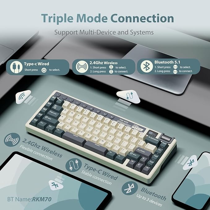 RK ROYAL KLUDGE M70 Wireless Mechanical Keyboard with Macro Keys 2.4GHz/Bluetooth/Wired 75% Gaming Keyboard with 6000mAh Battery Gasket-Mount Display &amp Knob RGB Hot-Swappable Soft Tactile Beige Sw